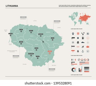 Vector map of Lithuania. High detailed country map with division, cities and capital Vilnius. Political map,  world map, infographic elements.  