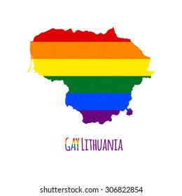Vector map of Lithuania in LGBT (lesbian, gay, bisexual, and transgender) flag colors and GAY Lithuania caption on white background. Rainbow flag with denim textile texture.