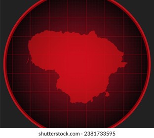 Vector map Lithuania on the radar screen with a red grid. Template Europe country on monitor radar for pattern, report, background. Technology concept boundary Lithuania for news, infographic, army