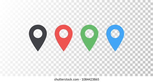 Vector map location colorful icon isolated on transparent background with soft shadow. Element for design ui app website interface. Blank template.  Red green blue black location pin