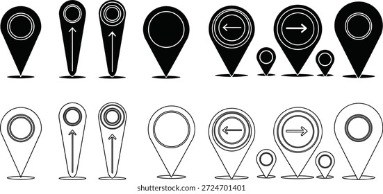 Vetor, mapa, localização, pin, ícones, ponteiro, navegação, gps, marcador, web, interface, elemento, direção, destino, viagem, ponto, sinal, silhueta, linha