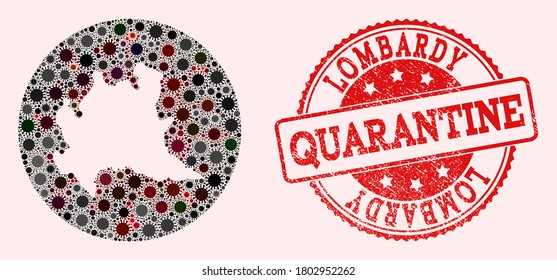 Vector map of Lombardy region collage of flu virus and red grunge quarantine stamp. Infection cells attack the quarantine territory from outside.