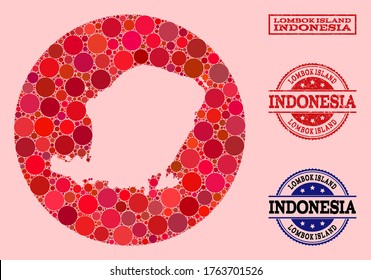 Vector map of Lombok Island collage of spheric spots and red rubber seal stamp. Stencil round map of Lombok Island collage formed with circles in different sizes, and red color hues.