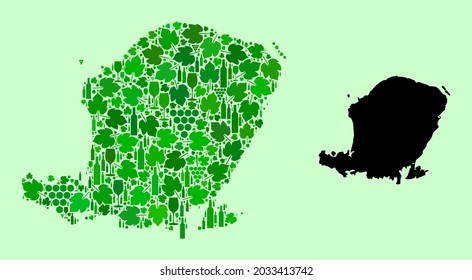 Vector Map of Lombok Island. Collage of green grape leaves, wine bottles. Map of Lombok Island collage designed from bottles, grapes, green leaves.