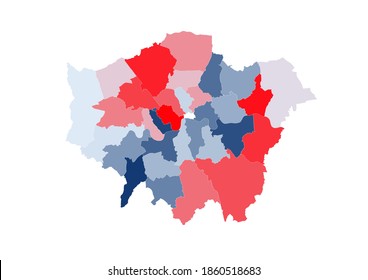 Vector map of London boroughs painted in colors of the UK flag. The map is suitable for printing in all sizes.