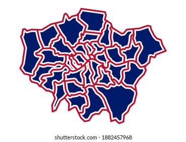 Vector map of London boroughs painted in colors of the United Kingdom flag. 