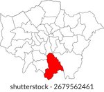 A vector map of London highlighting the borough of Croydon. Ideal for geographical studies, regional reports, and data visualization projects.

