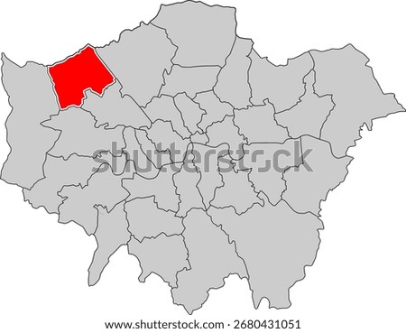 A vector map of London highlighting the borough of Harrow. Ideal for geographical studies, regional reports, and data visualization projects.

