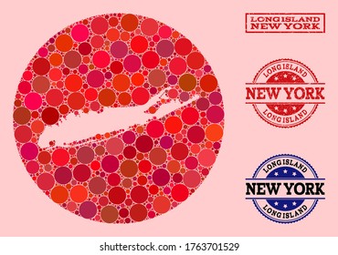 Vector map of Long Island mosaic of circle items and red rubber seal stamp. Stencil circle map of Long Island collage formed with circles in variable sizes, and red color tinges.