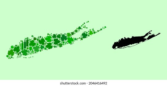Vector Map of Long Island. Mosaic of green grapes, wine bottles. Map of Long Island mosaic designed with bottles, grapes, green leaves. Abstract mosaic designed for patriotic applications.
