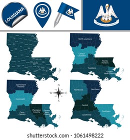 Vector map of Louisiana with named regions and travel icons