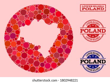 Vector map of Lower Silesia Province collage of round blots and red watermark seal. Subtraction round map of Lower Silesia Province collage designed with circles in variable sizes,