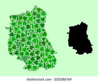 Vector Map of Lublin Province. Mosaic of green grape leaves, wine bottles. Map of Lublin Province mosaic composed from bottles, berries, green leaves. Abstract collage useful for marketing propaganda.