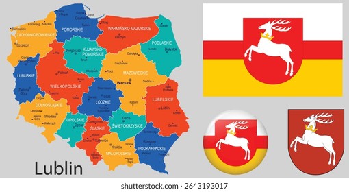 Mapa vetorial da voivodia de Lublin com o brasão regional oficial. Excelente para projetos de design geográfico, educacional e administrativo.
