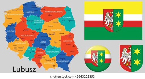 Mapa vetorial da voivodia de Lubusz com o brasão oficial. Adequado para materiais educacionais, apresentações regionais e projetos administrativos.