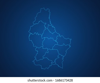 Vector map of Luxembourg abstract blue line scales on dark background.
