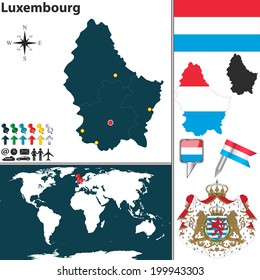 Vector map of Luxembourg with coat of arms and location on world map