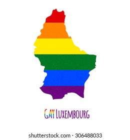 Vector map of Luxembourg in LGBT (lesbian, gay, bisexual, and transgender) flag colors and GAY Luxembourg caption on white background. Rainbow flag with denim textile texture.
