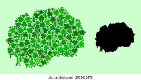 Karte von Mazedonien. Collage von grünen Weinblättern, Weinflaschen. Karte von Mazedonien Mosaik gebildet aus Flaschen, Beeren, grünen Blättern. Abstrakte Collage für die Weinherstellung Agitprop.