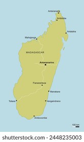 vector map of Madagascar Africa with important cities and roads island geography cartography green blue