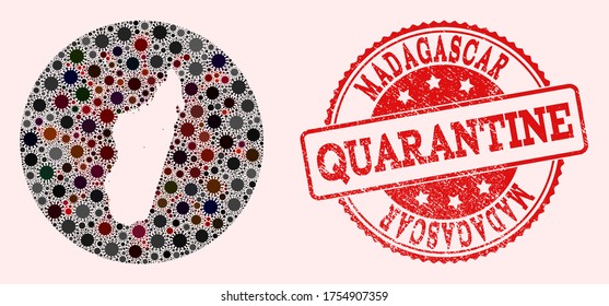 Vector map of Madagascar Island mosaic of covid-2019 virus and red grunge quarantine seal stamp. Infection cells around the quarantine territory from external zone.