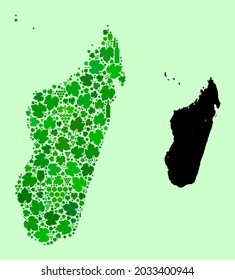 Vector Map of Madagascar Island. Mosaic of green grape leaves, wine bottles. Map of Madagascar Island collage designed from bottles, grapes, green leaves.