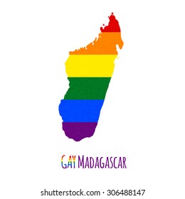 Vector map of Madagascar in LGBT (lesbian, gay, bisexual, and transgender) flag colors and GAY Madagascar caption on white background. Rainbow flag with denim textile texture.