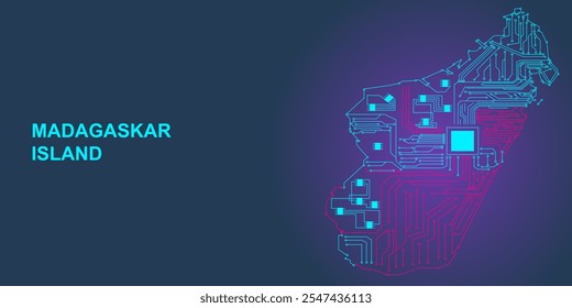Mapa de vetor madagaskar island criado a partir de placa de circuito abstrata e padrões de microchip design de fundo de tecnologia digital. Placa de circuito abstrata ilha madagaskar de padrões de microchips.