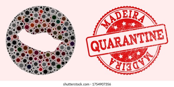 Vector map of Madeira Island collage of covid-2019 virus and red grunge quarantine stamp. Infection cells attack the quarantine territory from outside.
