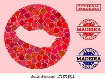 Vector map of Madeira Island mosaic of spheric blots and red rubber stamp. Subtraction circle map of Madeira Island collage composed with circles in variable sizes, and red color hues.