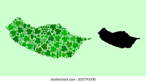 Vector Map of Madeira Island. Mosaic of green grape leaves, wine bottles. Map of Madeira Island mosaic composed with bottles, grapes, green leaves.