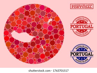 Vector map of Madeira Islands collage of round blots and red scratched stamp. Subtraction round map of Madeira Islands collage composed with circles in different sizes, and red color tints.