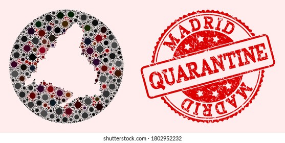 Vector map of Madrid Province collage of coronavirus and red grunge quarantine seal stamp. Infection cells attack the quarantine territory from outside.