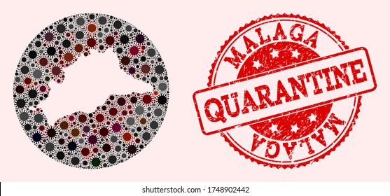 Vector map of Malaga Province collage of covid-2019 virus and red grunge quarantine seal. Infection cells attack the quarantine territory from outside.