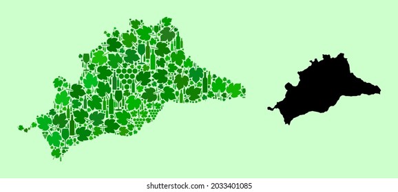 Vector Map of Malaga Province. Collage of green grapes, wine bottles. Map of Malaga Province collage formed from bottles, grapes, green leaves. Abstract mosaic designed for wine production agitation.