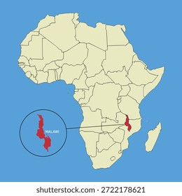 Mapa de Vector de Malawi, ilustración de silueta de mapa de Vector aislado en el mapa de África. Estado del continente africano