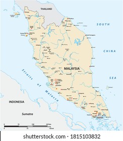 Vector Map Of The Malay Peninsula With Main Cities, Malaysia