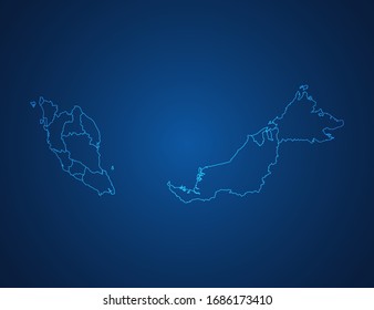 Vector map of Malaysia abstract blue line scales on dark background.
