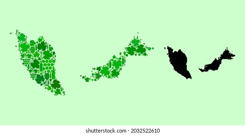 Mapa de vectores de Malasia. Collage de hojas verdes de uva, botellas de vino. Mapa del collage de Malasia formado con botellas, uvas, hojas verdes. Collaje abstracto diseñado para proclamas de marketing.