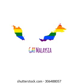 Vector map of Malaysia in LGBT (lesbian, gay, bisexual, and transgender) flag colors and GAY Malaysia caption on white background. Rainbow flag with denim textile texture.