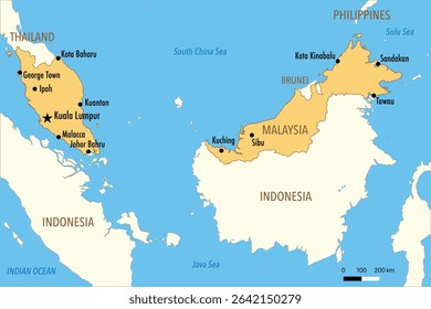 Vector Map of Malaysia with Major Cities and Neighboring Countries – Editable Illustration