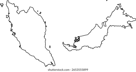 Vector map of Malaysia showing states, cities, borders, and geographic features. Suitable for education, travel, infographics, and design use in print or digital projects.