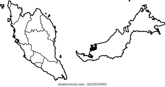 Mapa de Vector de Malasia que muestra estados, ciudades, límites y características geográficas. Adecuado para educación, viajes, infografías y uso de diseño en proyectos impresos o digitales.