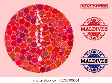 Vector map of Maldives collage of circle elements and red grunge seal stamp. Stencil circle map of Maldives collage formed with circles in variable sizes, and red shades.