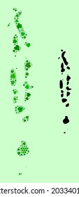 Vector Map of Maldives. Collage of green grape leaves, wine bottles. Map of Maldives collage designed from bottles, grapes, green leaves. Abstract collage is designed for wine production propaganda.