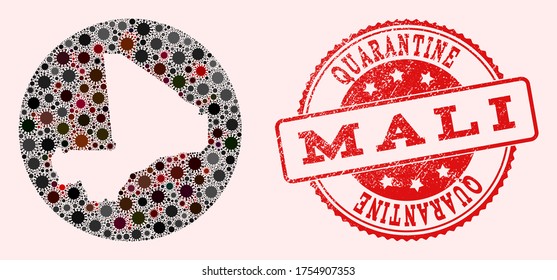 Vector map of Mali collage of coronavirus and red grunge quarantine stamp. Infection cells around the quarantine territory from external zone.