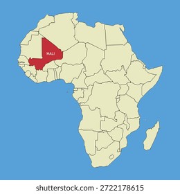 Mapa de Vector de Malí, ilustración de silueta de mapa de Vector aislado en el mapa de África. Estado del continente africano