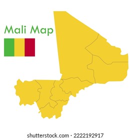 Mapa vectorial de Mali en color amarillo con ciudades y territorios separados.