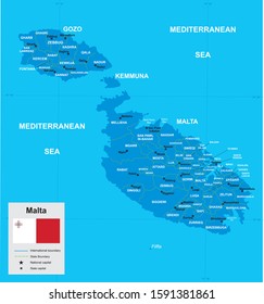 vector map of Malta with borders of regions and flag in blue tones