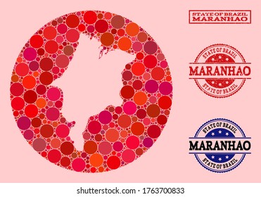 Vector map of Maranhao State collage of round elements and red grunge seal. Hole round map of Maranhao State collage composed with circles in various sizes, and red shades.